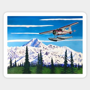 Float Plane Landing in Willow, Alaska in Front of Denali, by Alaskan Artist Scott Clendaniel Sticker